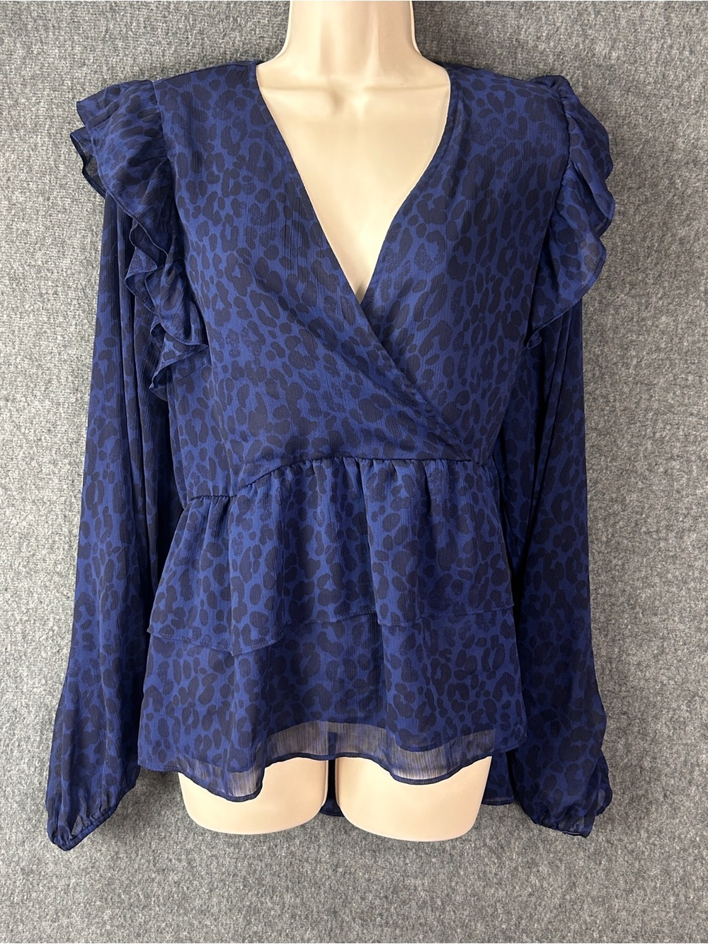 Torrid Blouse Womens 3 Blue Leopard V-Neck Ruffle Peplum Tunic Top Sheer